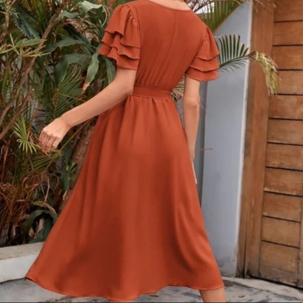 Boho Rust V neck layered Sleeve Midi Dress - Picture 11 of 15